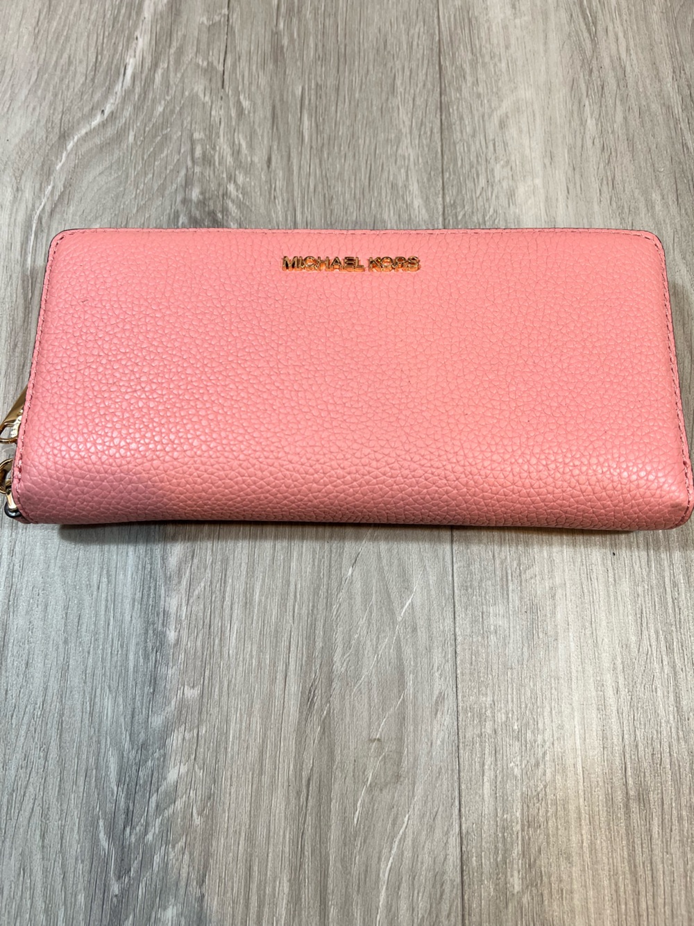 MICHAEL KORS Coral Pink Pebbled Leather Zip Wallet with Gold Logo